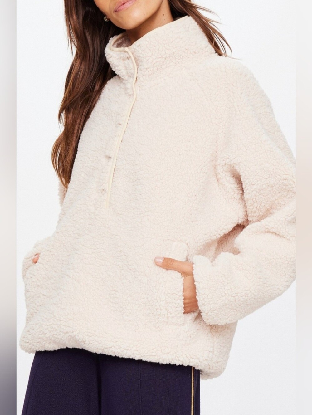 aerie Cloud Sherpa Teddy Pullover Jacket 3/4 Snap Closure Mock Neck Ivory Small